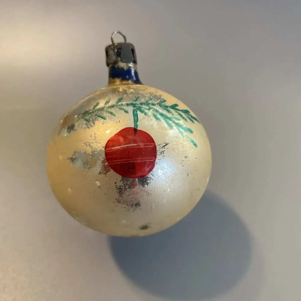 Vintage Poland Hand-Blown Glass Christmas Ornament Holly Berry Painted 6.5” Ball